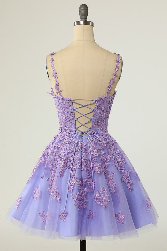 Lavender Straps V-Neck Applique A-Line Homecoming Dresses