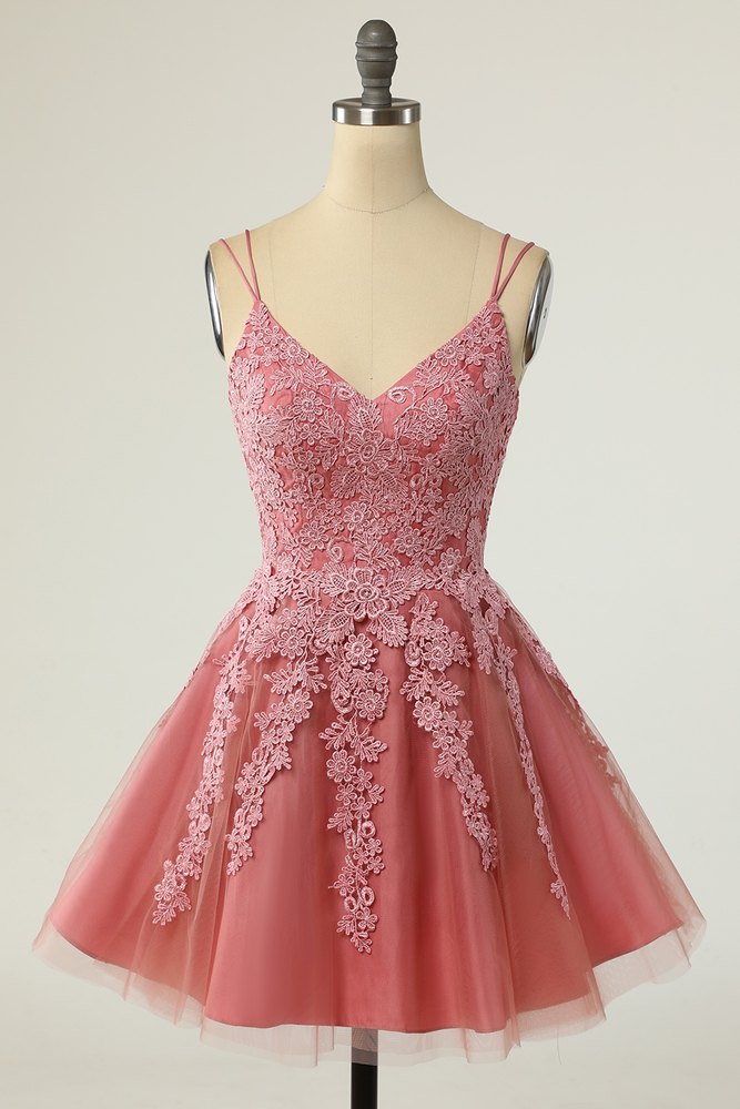 Blush Double Straps Applique Lace-Up Homecoming Dress