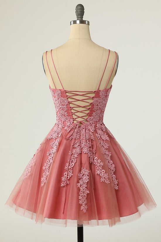Blush Double Straps Applique Lace-Up Homecoming Dress Movousdress Blush Double Straps Applique Lace-Up Homecoming Dress Movousdress