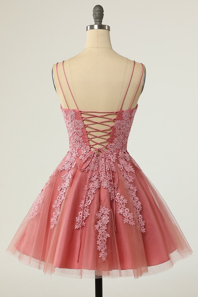 Blush Double Straps Applique Lace-Up Homecoming Dress