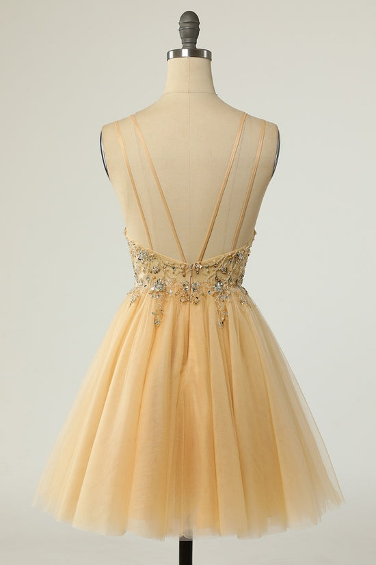 Yellow Spaghetti Straps V-Neck Beading Open Back Homecoming Dress