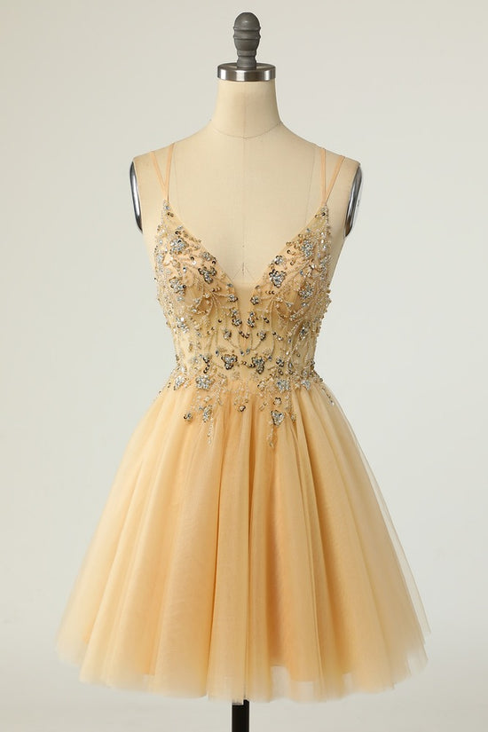 Yellow Spaghetti Straps V-Neck Beading Open Back Homecoming Dress