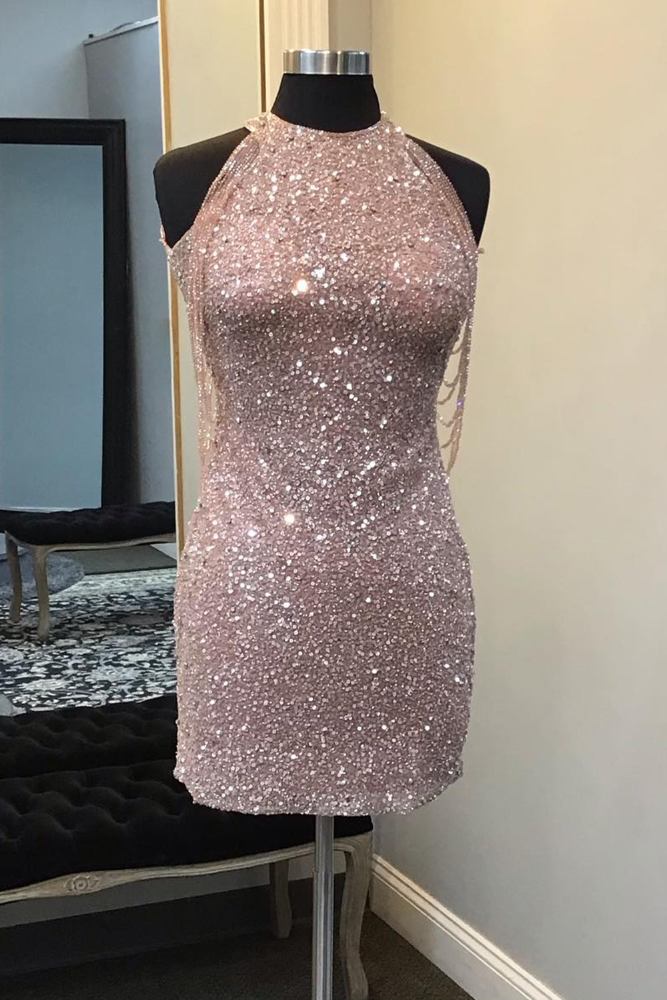 Pink Sleeveless Sequin Homecoming Dress with Tassel