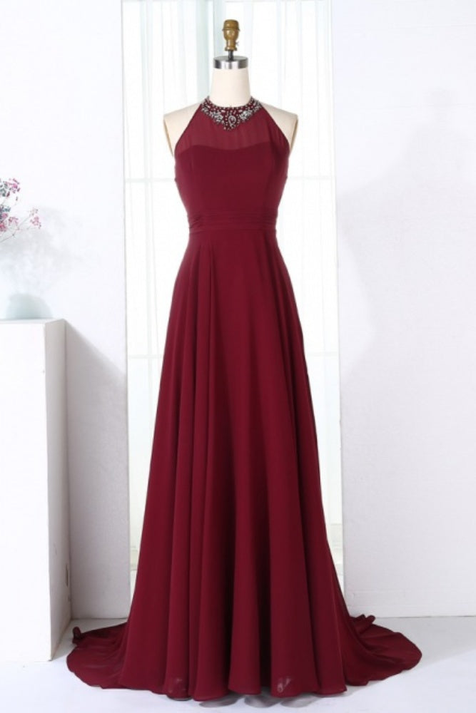 Burgundy Halter A-Line Long Bridesmaid Dress