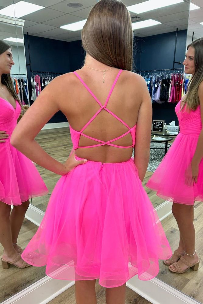 Hot Pink A-Line Tulle Homecoming Dress with Lace-Up