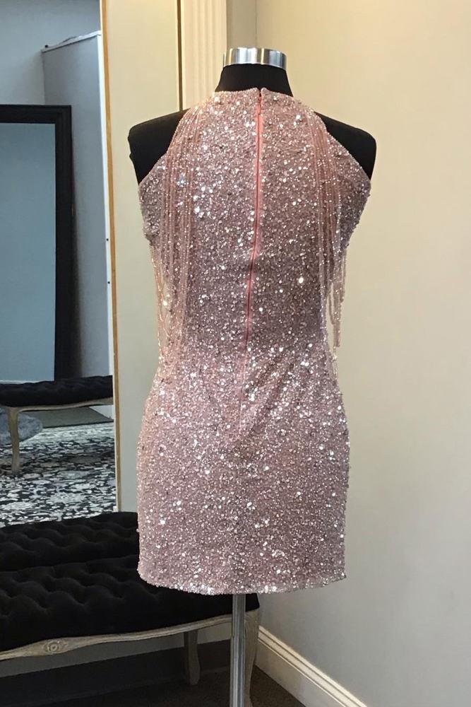 Pink Sleeveless Sequin Homecoming Dress with Tassel