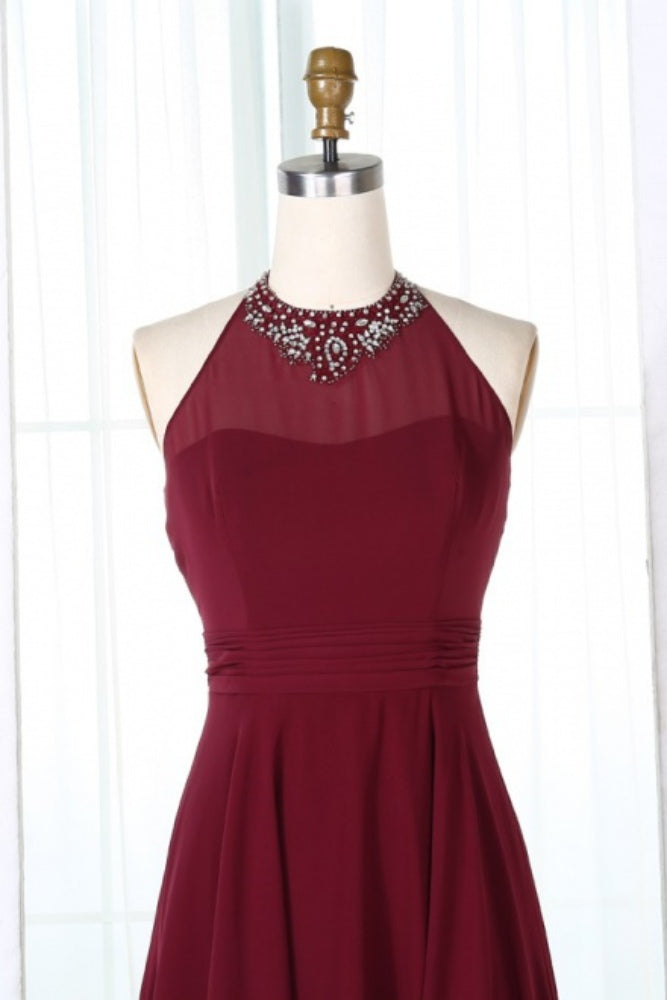 Burgundy Halter A-Line Long Bridesmaid Dress