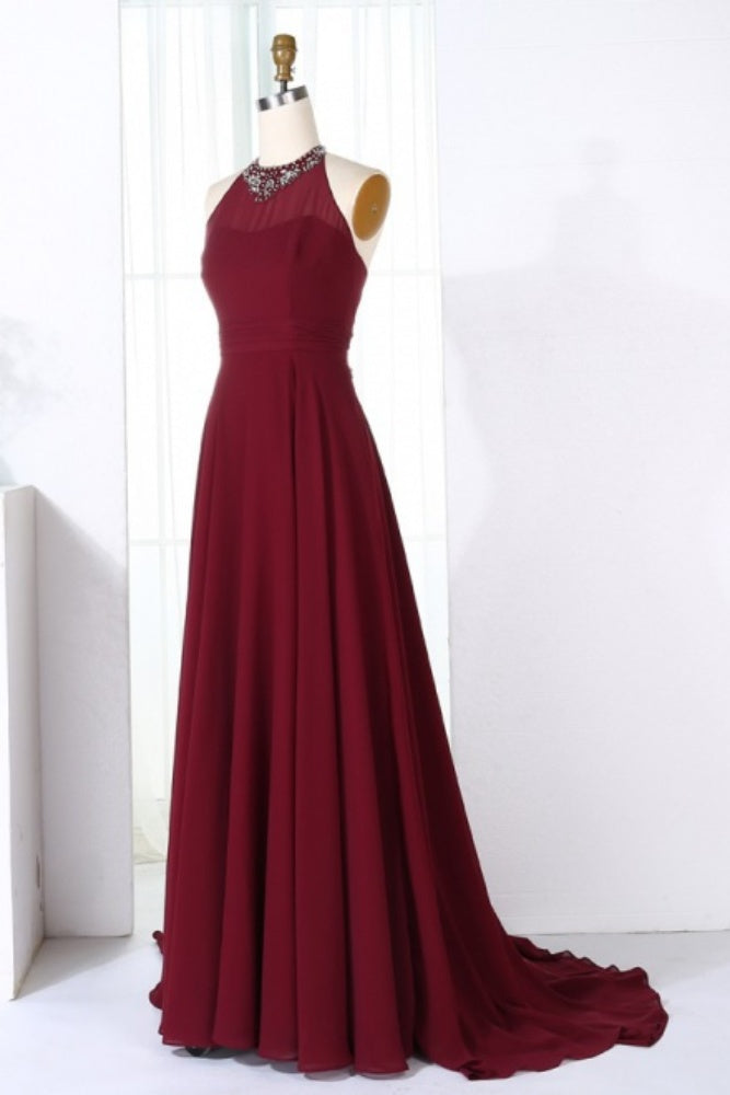 Burgundy Halter A-Line Long Bridesmaid Dress