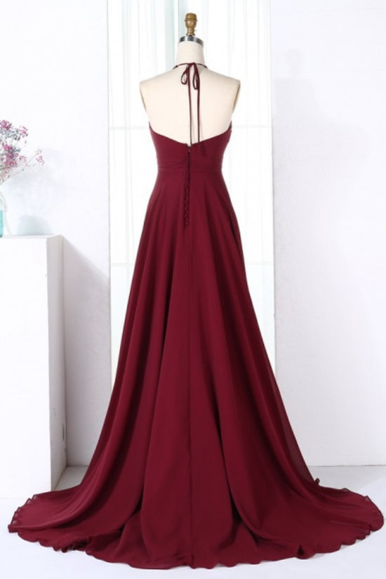 Burgundy Halter A-Line Long Bridesmaid Dress