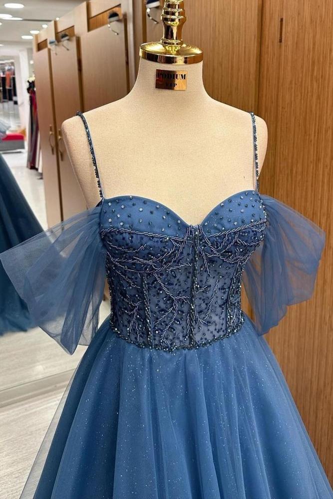 Navy Blue Off the Shoulder Beading Ruffle A-Line Prom Dress