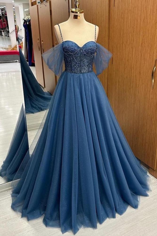 Navy Blue Off the Shoulder Beading Ruffle A-Line Prom Dress