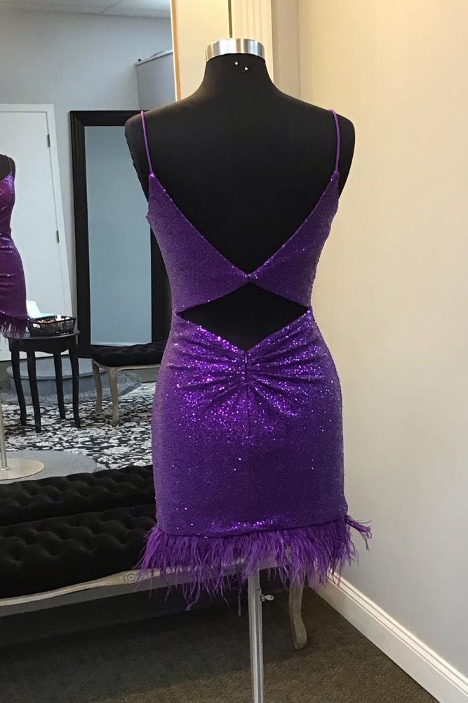 Spaghetti Straps Purple Ruched Sequin Homecoming Dress