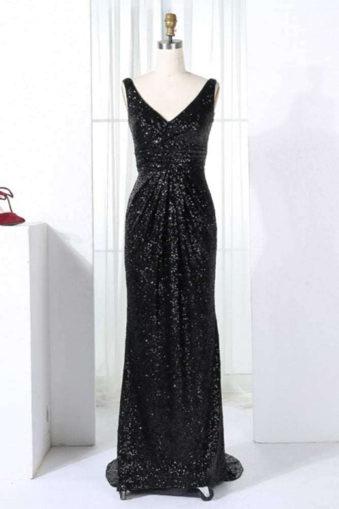 Black V-Neck Sequin Mermaid Bridesmaid Dress