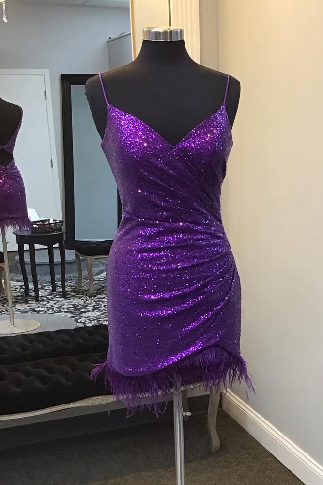 Spaghetti Straps Purple Ruched Sequin Homecoming Dress