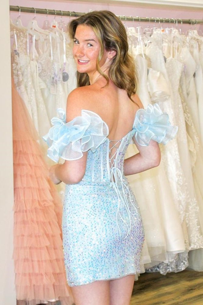 Light Blue Off the Shoulder Sequin Bodycon Homecoming Dress