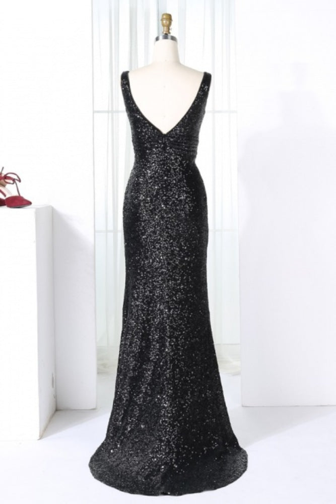 Black V-Neck Sequin Mermaid Bridesmaid Dress