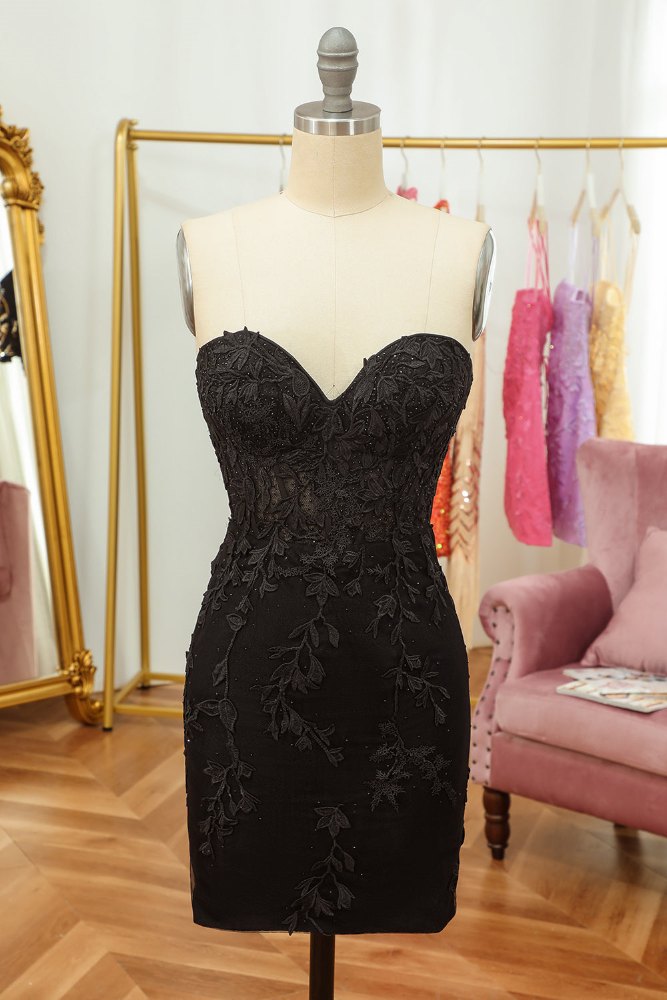 Black Strapless Applique Lace-up Tight  Homecoming Dress