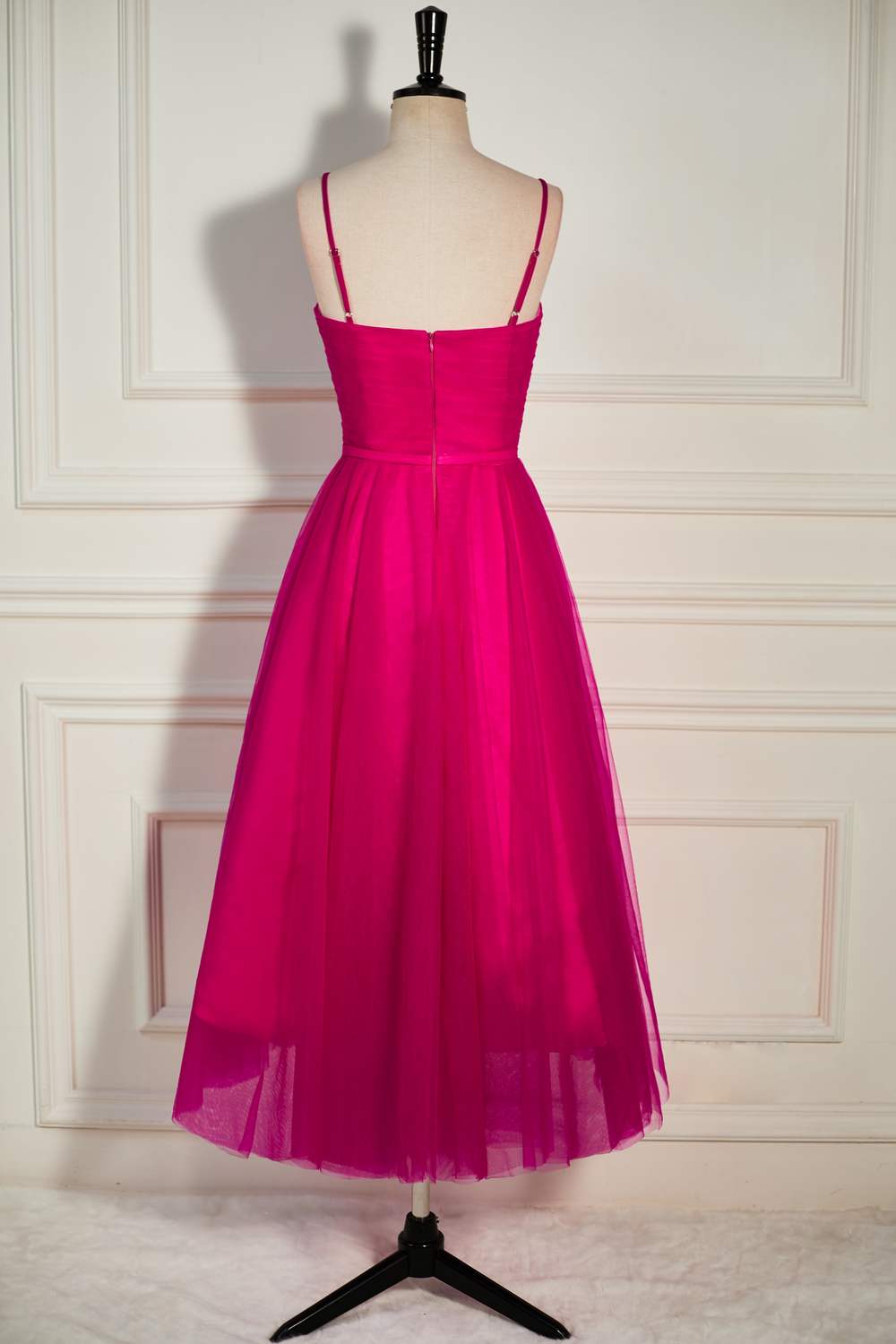 Straps Fuchsia A-line Tulle Prom Dress with Bow Waist