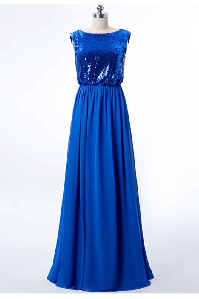 Royal Blue Crew Neck Sequin Long Bridesmaid Dress