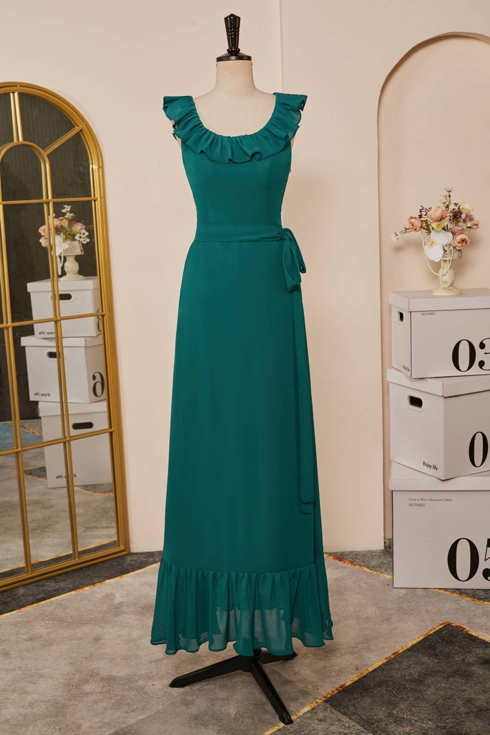 Chiffon Teal Ruffled Scoop Neckline Sleeveless Bridesmaid Dress with Belt