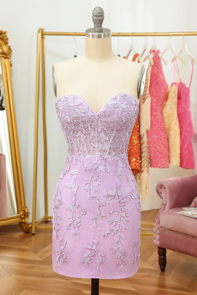 Lavender Strapless Applique Lace-up Tight  Homecoming Dress