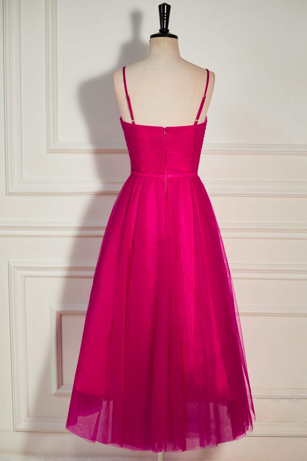 Straps Fuchsia A-line Tulle Prom Dress with Bow Waist