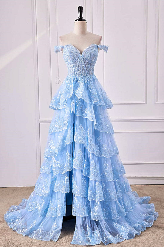 Off-Shoulder Light Blue Lace Applique Ruffle A-line Slit Long Prom Dress