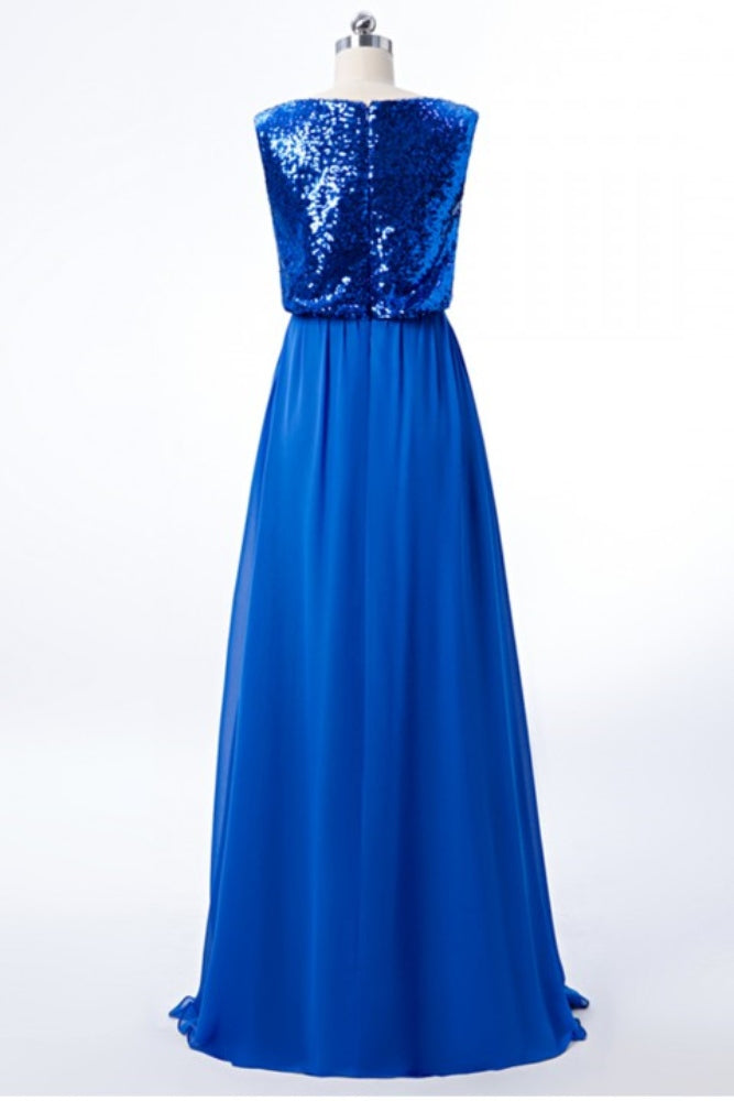 Royal Blue Crew Neck Sequin Long Bridesmaid Dress