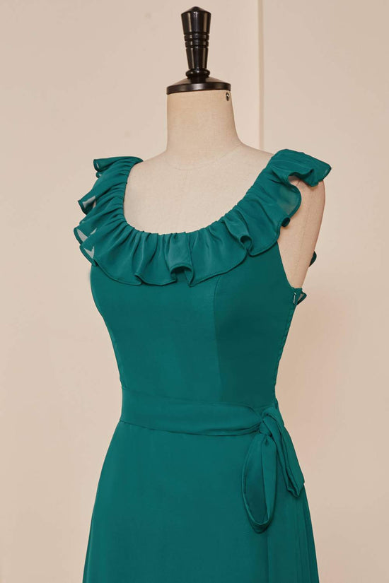 Chiffon Teal Ruffled Scoop Neckline Sleeveless Bridesmaid Dress with Belt