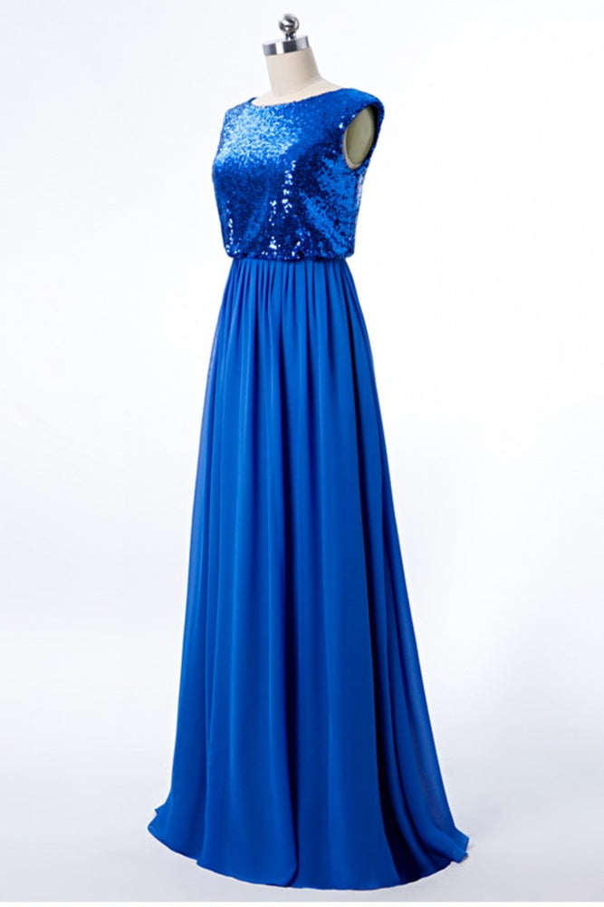 Royal Blue Crew Neck Sequin Long Bridesmaid Dress