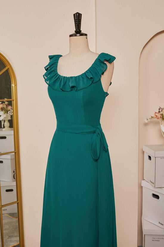 Chiffon Teal Ruffled Scoop Neckline Sleeveless Bridesmaid Dress with Belt