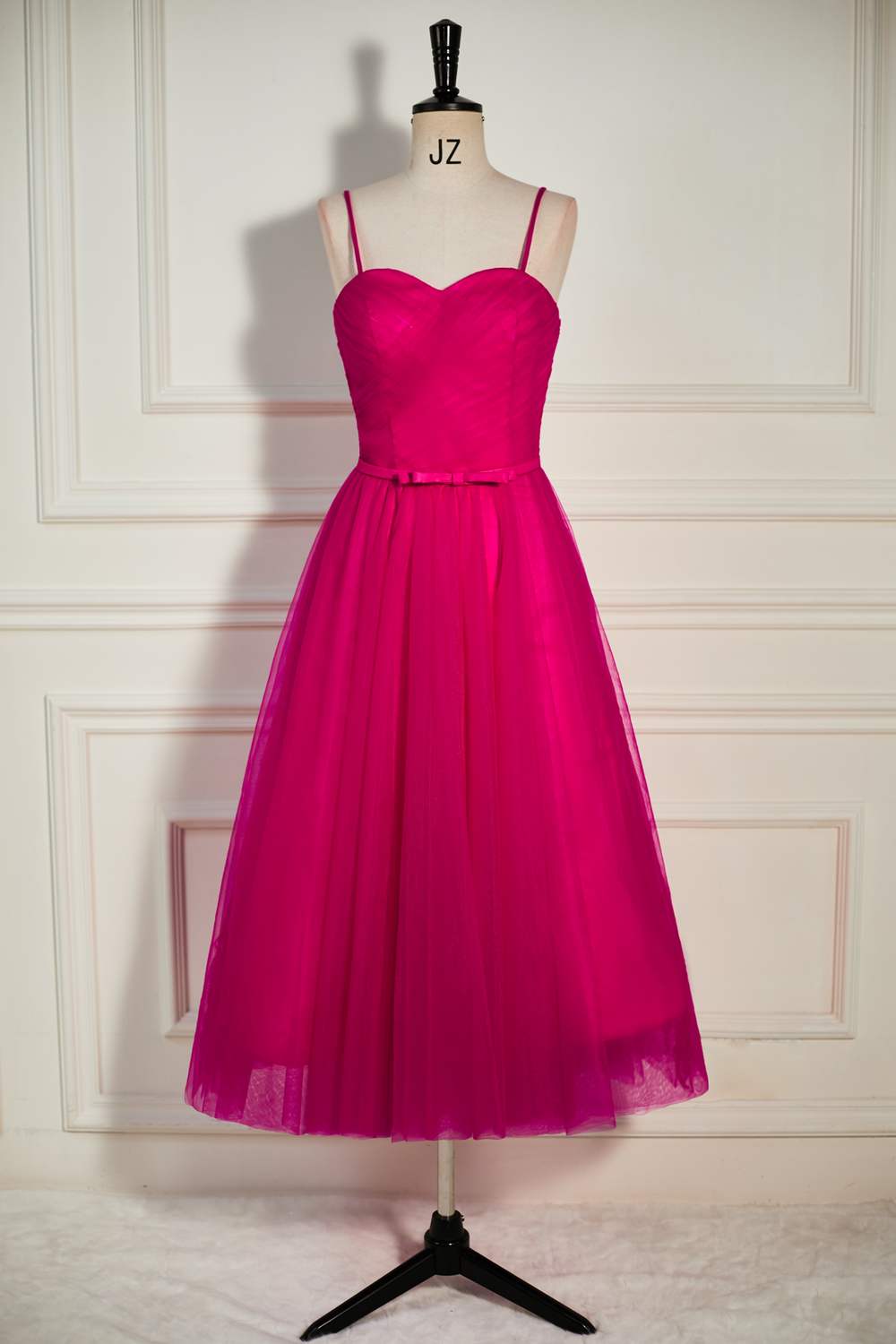 Straps Fuchsia A-line Tulle Prom Dress with Bow Waist