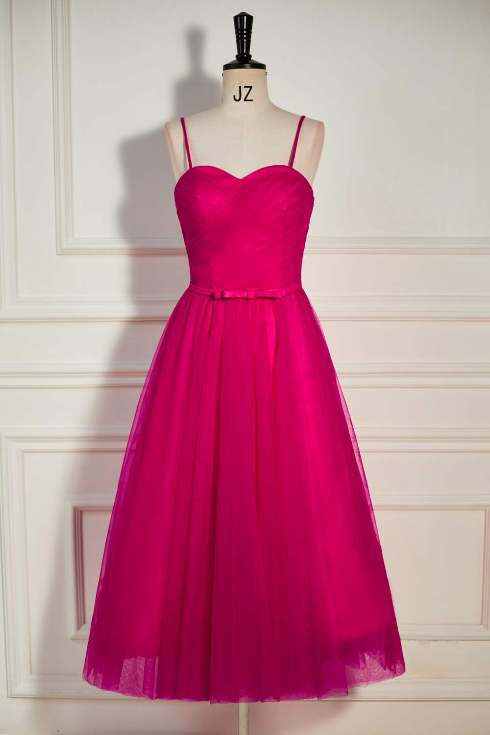 Straps Fuchsia A-line Tulle Prom Dress with Bow Waist