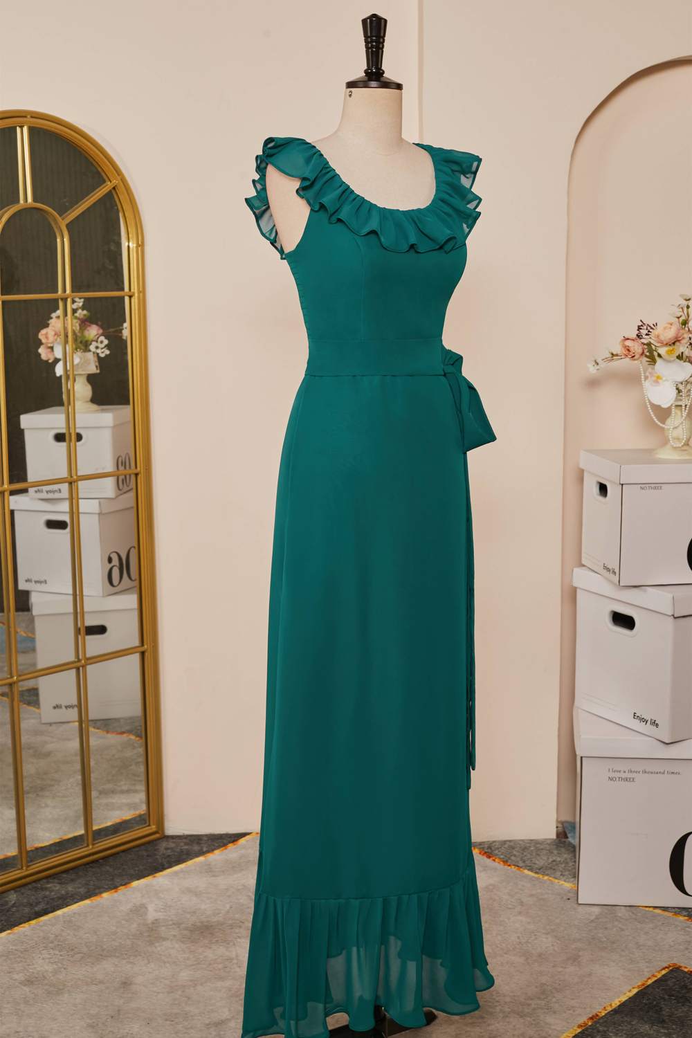 Chiffon Teal Ruffled Scoop Neckline Sleeveless Bridesmaid Dress with Belt