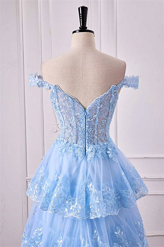 Off-Shoulder Light Blue Lace Applique Ruffle A-line Slit Long Prom Dress