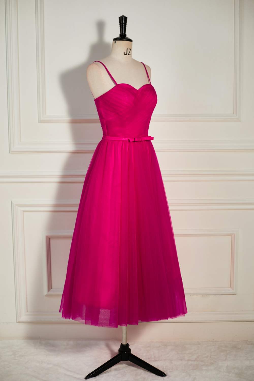 Straps Fuchsia A-line Tulle Prom Dress with Bow Waist