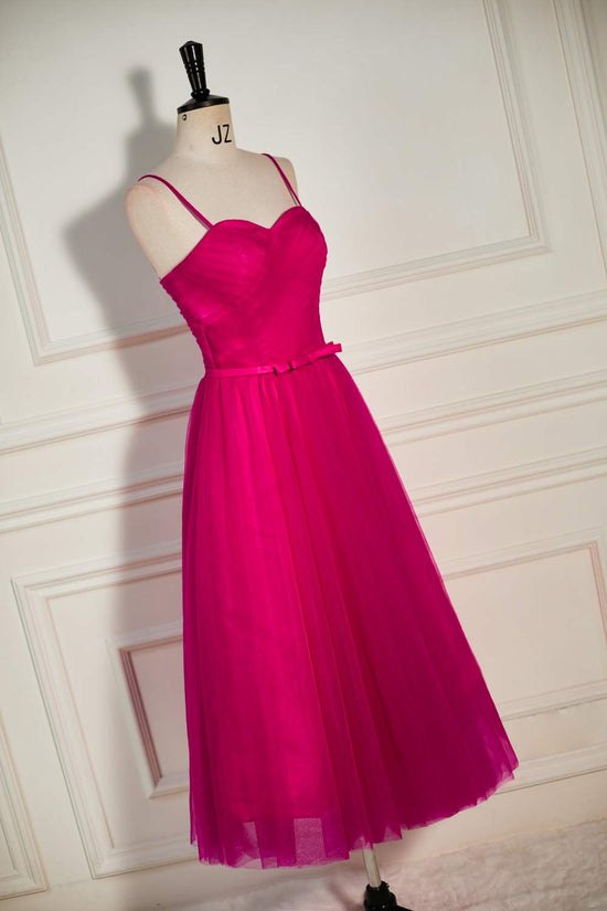 Straps Fuchsia A-line Tulle Prom Dress with Bow Waist