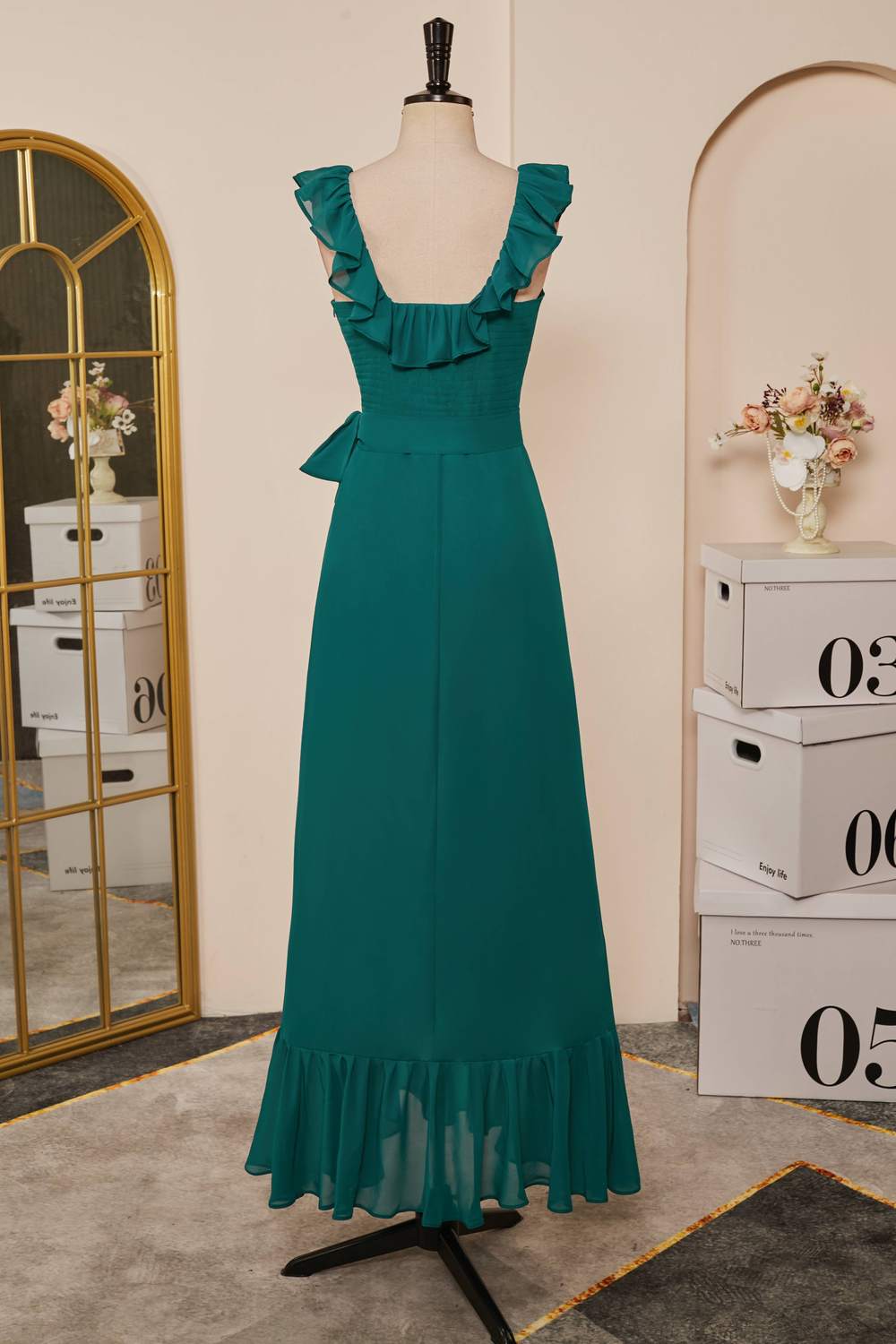 Chiffon Teal Ruffled Scoop Neckline Sleeveless Bridesmaid Dress with Belt