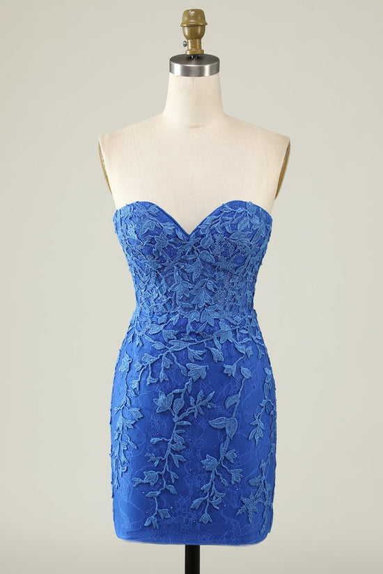 Blue Strapless Applique Lace-up Tight  Homecoming Dress