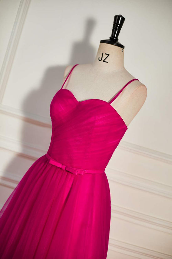 Straps Fuchsia A-line Tulle Prom Dress with Bow Waist