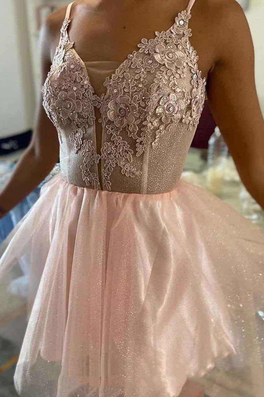 Sexy Tulle A-Line V-Neck Sleeveless Appliques Homecoming Dress