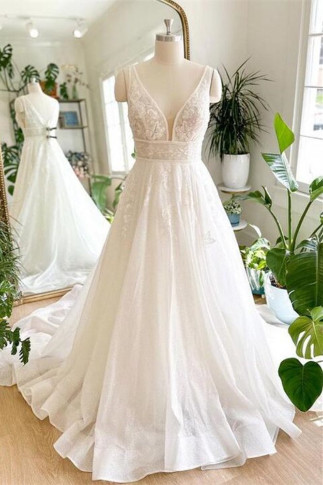 Ivory Plunging Neck A-Line Ruffle Wedding Dress