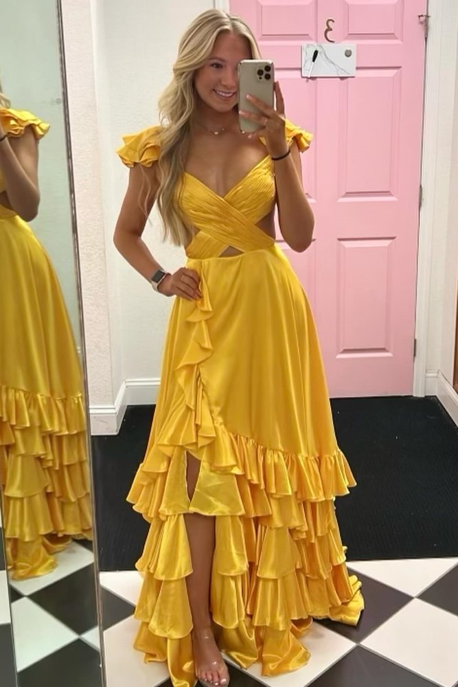 Yellow Crossed Top Ruffled Tiered A-Line Prom Dress with Slit