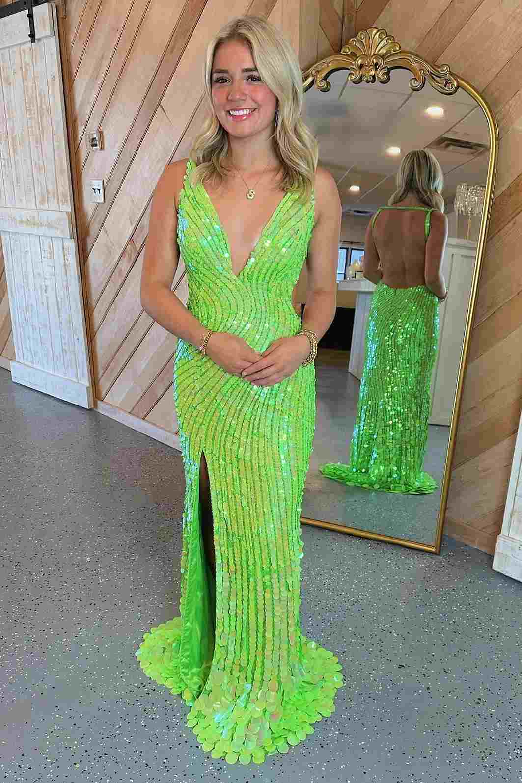 Lime Green Sequin Mermaid Dress with Open Back