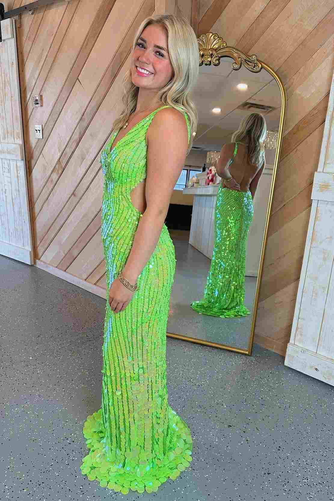 Lime Green Sequin Mermaid Dress with Open Back