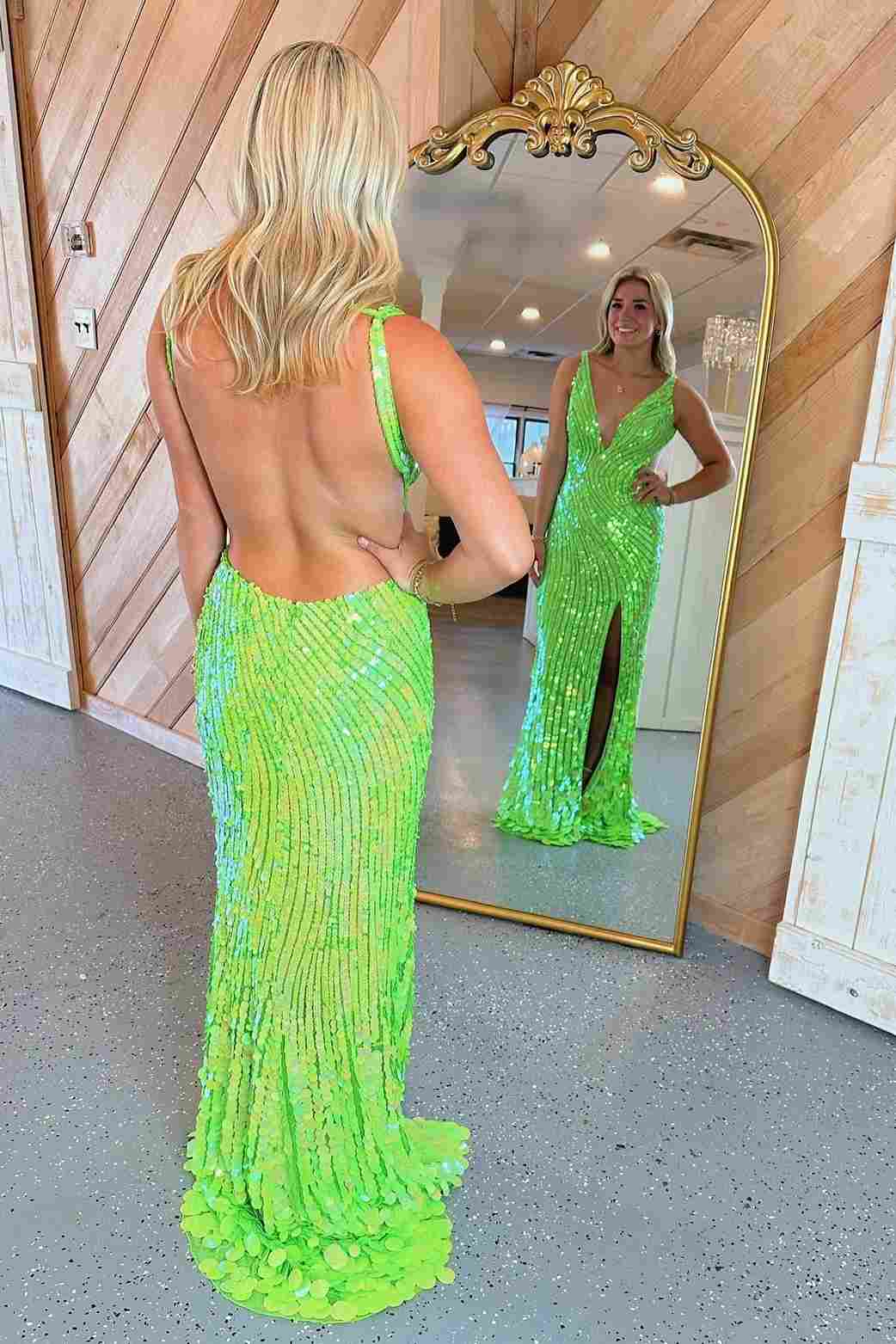 Lime Green Sequin Mermaid Dress with Open Back