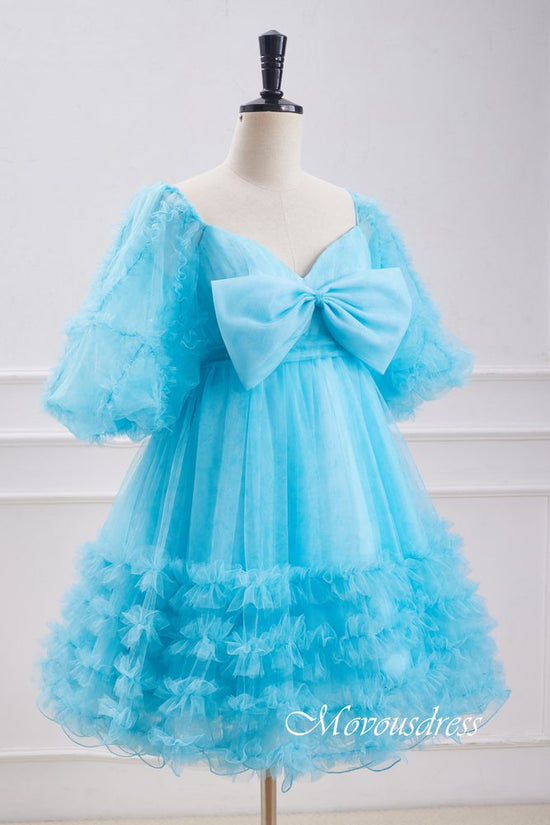 Light Blue Floral Print Ruffle Homecoming Dress With Bow