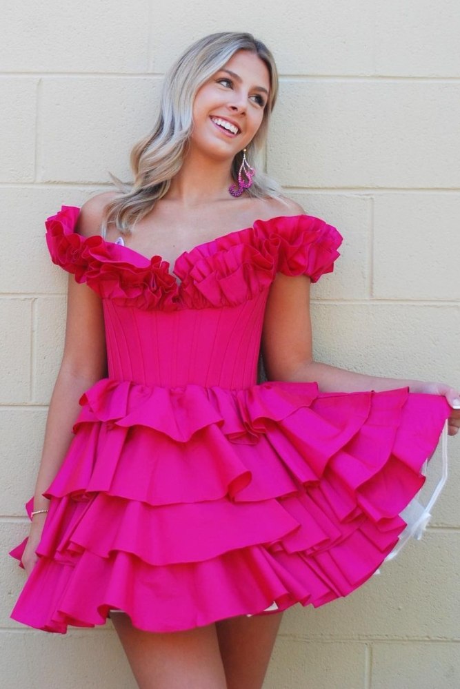 Blue Off the Shoulder A-line Ruffle Homecoming Dress