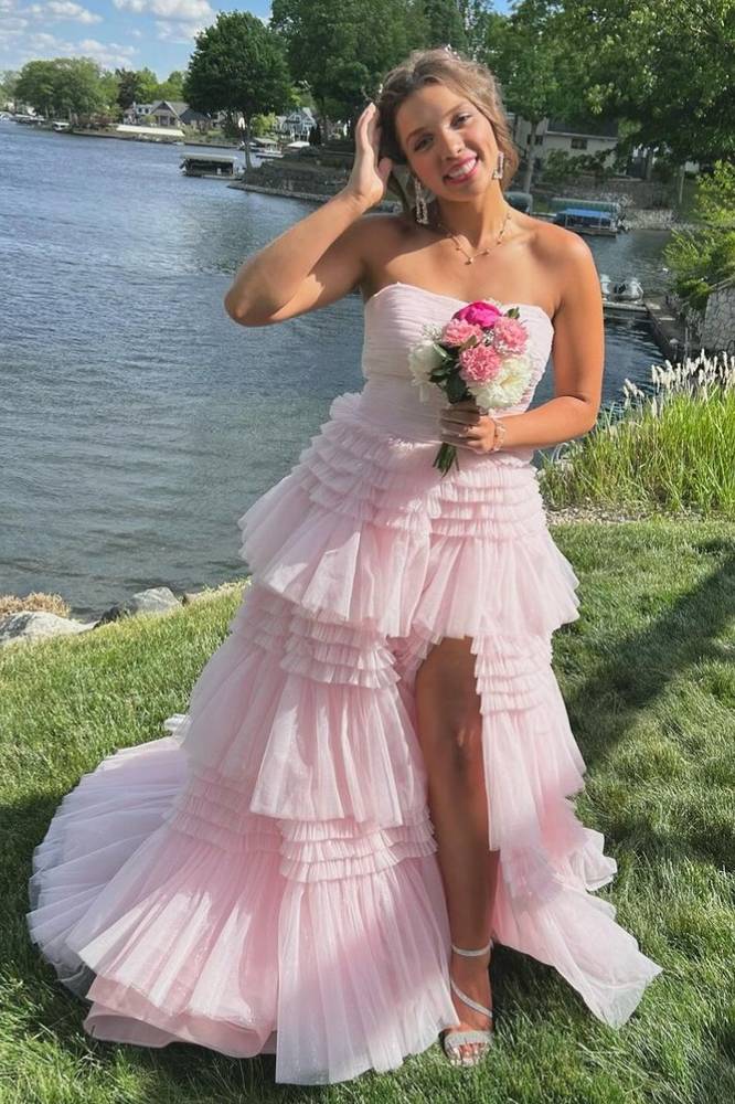 Light Pink Strapless A-Line Tiered Tulle Prom Dress