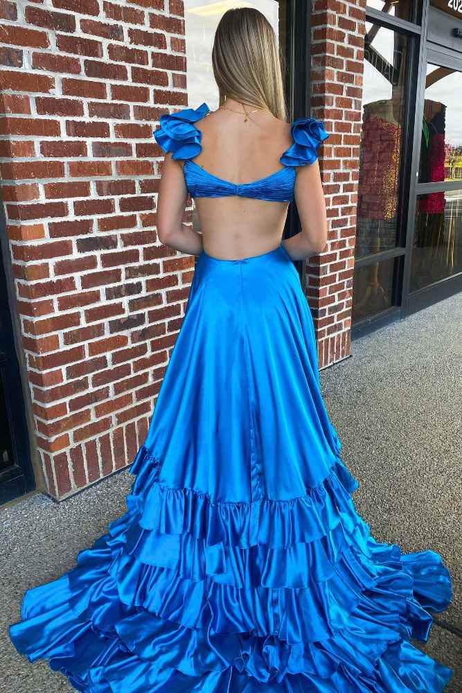 Royal Blue Crossed Top Ruffled Tiered A-Line Prom Dress with Slit